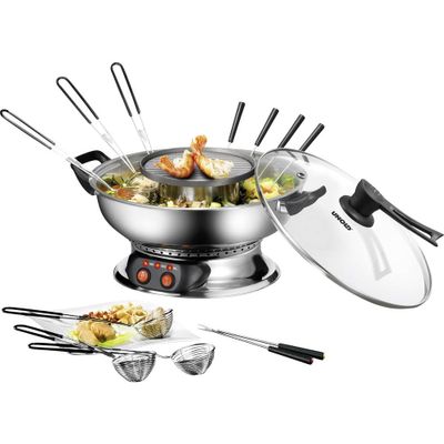 Unold Asia Fondue Fondue 1350 W 2 gescheiden temperatuurregelaars, 6 fonduevorkjes, Grillfunctie RVS