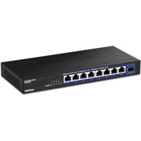 TRENDnet 9-poorts onbeheerde 2.5G-switch met 10G SFP+-poort, TEG-S5091, 8 x 2,5 GBASE-T-poorten, 60 Gbps schakelcapaciteit, zonder ventilator, wandmontage, zwart