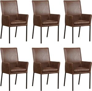 Set van 6 Bruine leren moderne eetkamerstoelen Royal - poot vierkant zwart - Vintage Leer Brown (bruin leer)