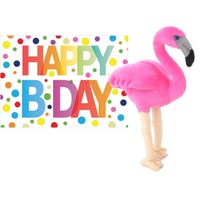 Pluche knuffel flamingo 31 cm met A5-size Happy Birthday wenskaart - thumbnail