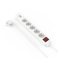 Hama - Meervoudige stekkerdoos 5-voudige Schuko-stekker, Schuko-stekker, 1,4 meter kabel, wit, met aan/uit-schakelaar, 2 x USB A 17 Watt