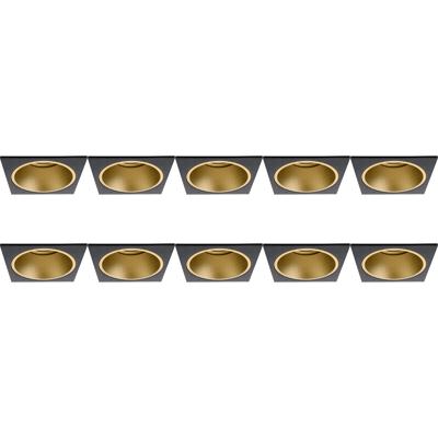 Spot Armatuur 10 Pack - Pragmi Minko Pro - GU10 Inbouwspot - Vierkant - Zwart/Goud - Aluminium - Verdiept - 90mm