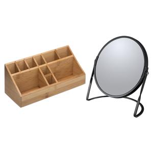 Make-up organizer en spiegel set - 10x vakjes - bamboe/metaal - 5x zoom spiegel