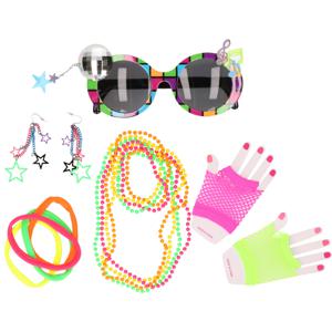 Funny Fashion Eighties/Jaren 80 verkleedset - ketting/bril/handschoenen/bandjes - voor dames   -