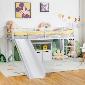 Hoogslaper met Glijbaan en Ladder Kinderbed met Lattenbodem en Valbeveiliging van Metaal voor Jongens en Meisjes 198 x 96 x 109 cm Wit