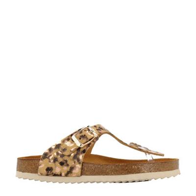 Develab 48202 leren teenslippers met panterprint beige/goud Develab 48202 leren teenslippers met panterprint beige/goud