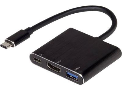 Renkforce USB / HDMI Adapter [1x USB-C stekker - 1x HDMI-bus, USB 3.0 bus A, USB-C bus] Zwart Vergulde steekcontacten 12.00 cm