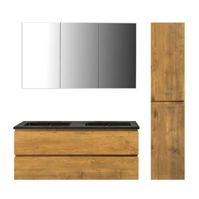 Badkamermeubel Set Callisto Diamond Hangend 120x50x48cm Mat Eiken Softclose Greeploos Kwartsteen Wastafel 2 Kraangaten Overloop met Spiegelkast en Badkamerkast