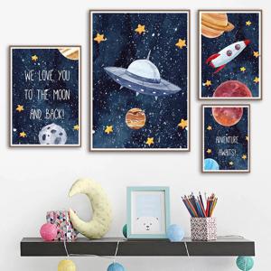 Posters - Ruimte, Planeet en Raket / Set van 4