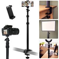 MOJOGEAR DS1 statief met tafelklem en telefoonhouder — Van 43 tot 102 cm — Voor tafel/bureau tot 5cm dik — Inclusief 360 graden draaibare statiefkop — Zwart