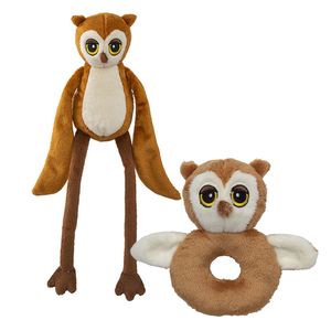 Pluche dieren setje uilen knuffel rammelaar 15 cm en fluffy knuffeldier 33 cm