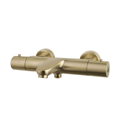 Badkraan Caral 14-16cm Hartafstand Thermostatisch Opbouw Rond Geborsteld Goud 2 Greeps met Onderuitloop Badkraan Caral 14-16cm Hartafstand Thermostatisch Opbouw Rond Geborsteld Goud 2 Greeps met Onderuitloop