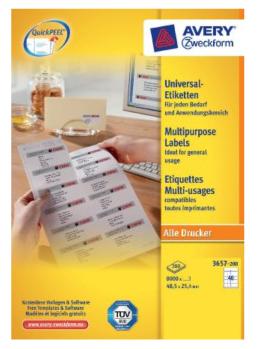 Avery-Zweckform 3657-200 Universele etiketten 48.5 x 25.4 mm Papier Wit 8800 stuk(s) Permanent hechtend Laser (kleur)
