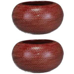 Set van 2x stuks bloempotten schalen bordeaux rood ribbels keramiek voor kamerplant H13 x D23 cm