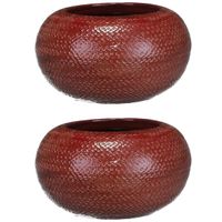 Set van 2x stuks bloempotten schalen bordeaux rood ribbels keramiek voor kamerplant H13 x D23 cm - thumbnail