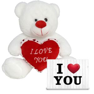 Pluche knuffel Valentijn I Love You beertje 30cm met hartjes wenskaart