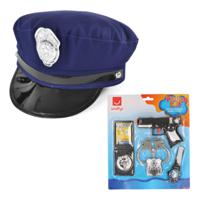 Carnaval verkleed politie agent set - pet/cap blauw met zilveren badge - pistool/badge/handboeien