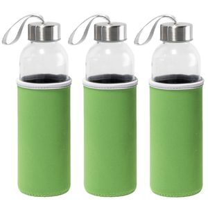 6x Stuks glazen waterfles/drinkfles met groene softshell bescherm hoes 520 ml