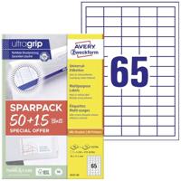 AVERY Zweckform 6121-65 universele etiketten (3.250 plus 975 zelfklevende etiketten extra, 38 x 21,2 mm op A4, mat papier, individueel bedrukbaar, zelfklevende stickers met ultragrip) 65 vellen, wit