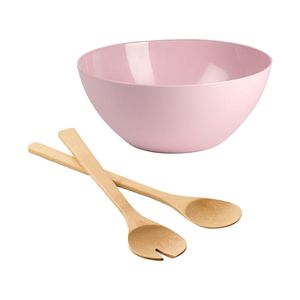 Salade serveer schaal - roze - kunststof - Dia 25 cm - incl. bamboe Sla couvert/bestek