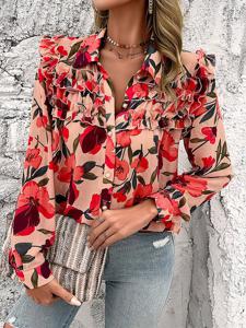 Shirt Collar Floral Casual Blouse