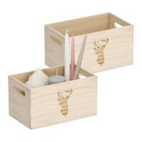 Opberg box/kist - 2x - naturel - hout - gestempeld hertenmotief - 25 x 15 x 14 cm