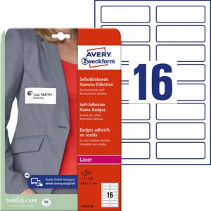 Avery-Zweckform L4783-20 Naametiketten 88.9 x 31 mm Acetaatzijde Wit 320 stuk(s) Weer verwijderbaar Laser (zwart/wit), Laser (kleur), Kopiëren (zwart/wit),