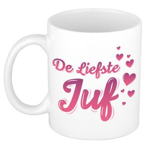 De liefste juf cadeau mok / beker wit en roze - verjaardag / bedankt kado juf   -