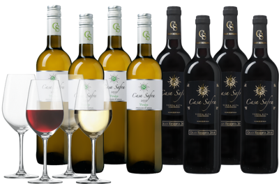 Wijnpakket Casa Safra rood en wit 8 flessen + 4 glazen