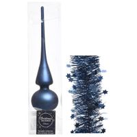 Kerstversiering glazen piek mat 26 cm en sterren folieslingers pakket donkerblauw van 3x stuks