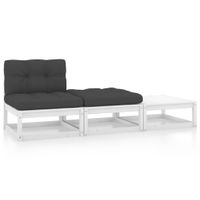 3-delige Loungeset met kussens massief grenenhout wit - thumbnail