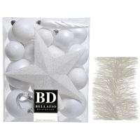 Kerstversiering kerstballen 5-6-8 cm met ster piek en folieslingers pakket winter wit van 35x stuks