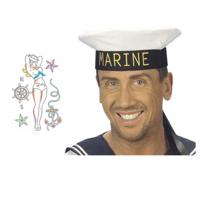 Carnaval verkleed Matrozen hoedje - wit - met zeeman plak tatoeages - volwassenen - thumbnail