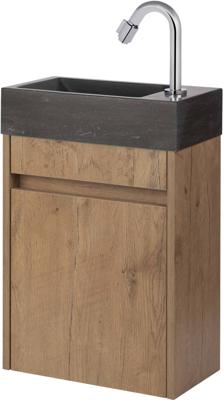 Saqu Florence fonteinmeubel in Wild eiken met natuurstenen fontein en chromen fonteinkraan met C-uitloop rechts 40x22x60cm