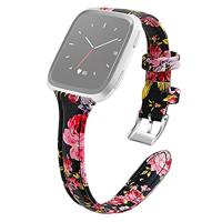 By Qubix - Compatible met Fitbit Versa 1/2 & Lite bandje TPU leer - Bloemenprint zwart - Compatible fitbit bandje