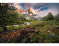 Komar Fotobehang - Morning Walk - grootte 368 x 254 cm - behang, bergen, bloemen, water, landschap, hemel, slaapkamer, woonkamer