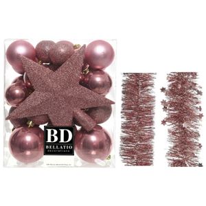 Kerstversiering kerstballen 5-6-8 cm met ster piek en folieslingers pakket oud roze van 35x stuks