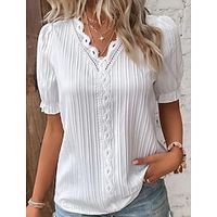 Dames Kanten overhemd Blouse Geklede topjes Effen Kleur Lapwerk Kanten rand Casual Dagelijks Elegant Basic Pofmouw Korte mouw V-hals Wit Zomer Lightinthebox - thumbnail