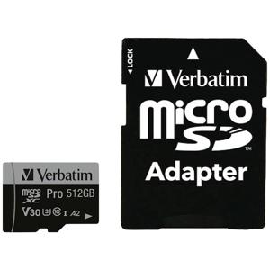 Verbatim Pro microSDXC-kaart 512 GB UHS-Class 3 4K-video-ondersteuning, A2-vermogensstandaard, Incl. SD-adapter, Schokbestendig, Waterdicht