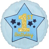 Folieballon 1st Birthday Blauw/Goud - 45cm - thumbnail