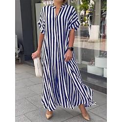 Dames Casual jurk Streep nappi Afdrukken Overhemdkraag Lange jurk maxi-jurk Vakantie Korte mouw Zomer Lightinthebox