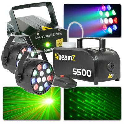 BeamZ lichtset met Laser, PAR spots en 500W rookmachine BeamZ lichtset met Laser, PAR spots en 500W rookmachine