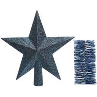 Kerstversiering kunststof glitter ster piek 19 cm en folieslingers pakket donkerblauw van 3x stuks - thumbnail