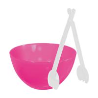 Serveerschaal/slakom - fuchsia roze - kunststof - 26 cm - met sla bestek/couvert