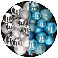 Kerstballen 60x stuks - mix zilver/ijsblauw - 4-5-6 cm - kunststof - thumbnail