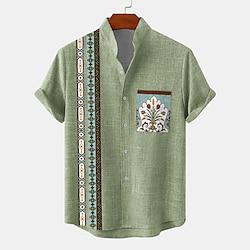 Vintage Casual Tribal Voor heren Overhemd Overhemd met knopen Dagelijks Vakantie Zomer Lente Band Kraag opa kraag Korte mouw Groen, Khaki, Beige S, M, L Polyester Overhemd Lightinthebox