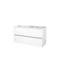 Basic Start 46 badmeubelset met greeploze wastafelonderkast, 2 lades en porseleinen wastafel met 2 kraangaten 120 x 46 cm, ice white