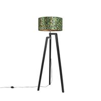 QAZQA Vloerlamp tripod zwart met kap pauw dessin 50 cm - Puros