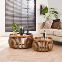 LifestyleFurn Ronde Salontafel Twiggy Mangohout, Set van 2 stuks - Massief mango zandkleur - thumbnail