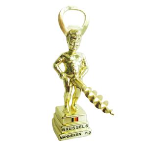 Manneke Pis flesopener/kurkentrekker - wijnflessen openener - goud - 13 cm - metaal